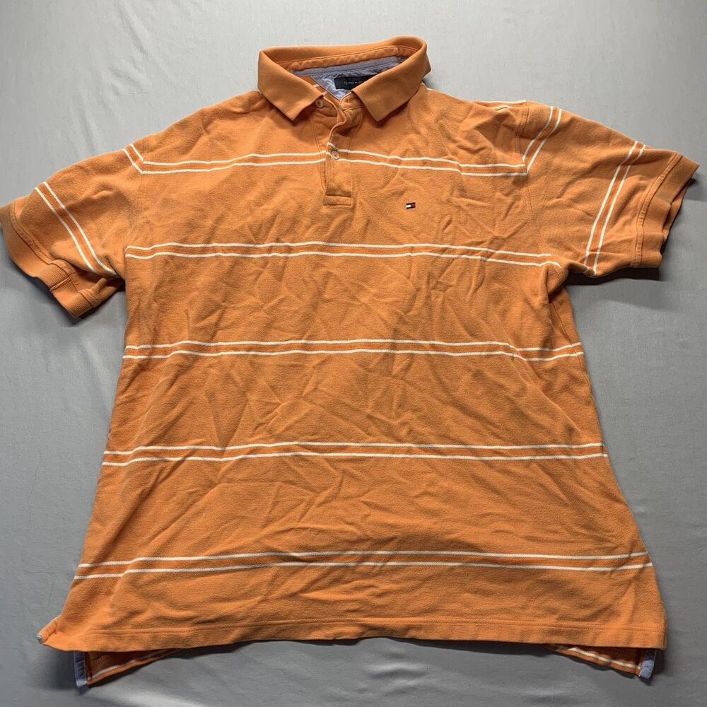 Tommy Hilfiger Mens Polo Shirt Sz XXL Orange Striped Button-Up Short Sleeve Logo